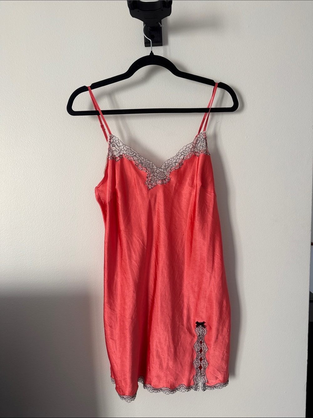 Vintage Victoria's Secret Coral Slip Dress with Black Lace Trim